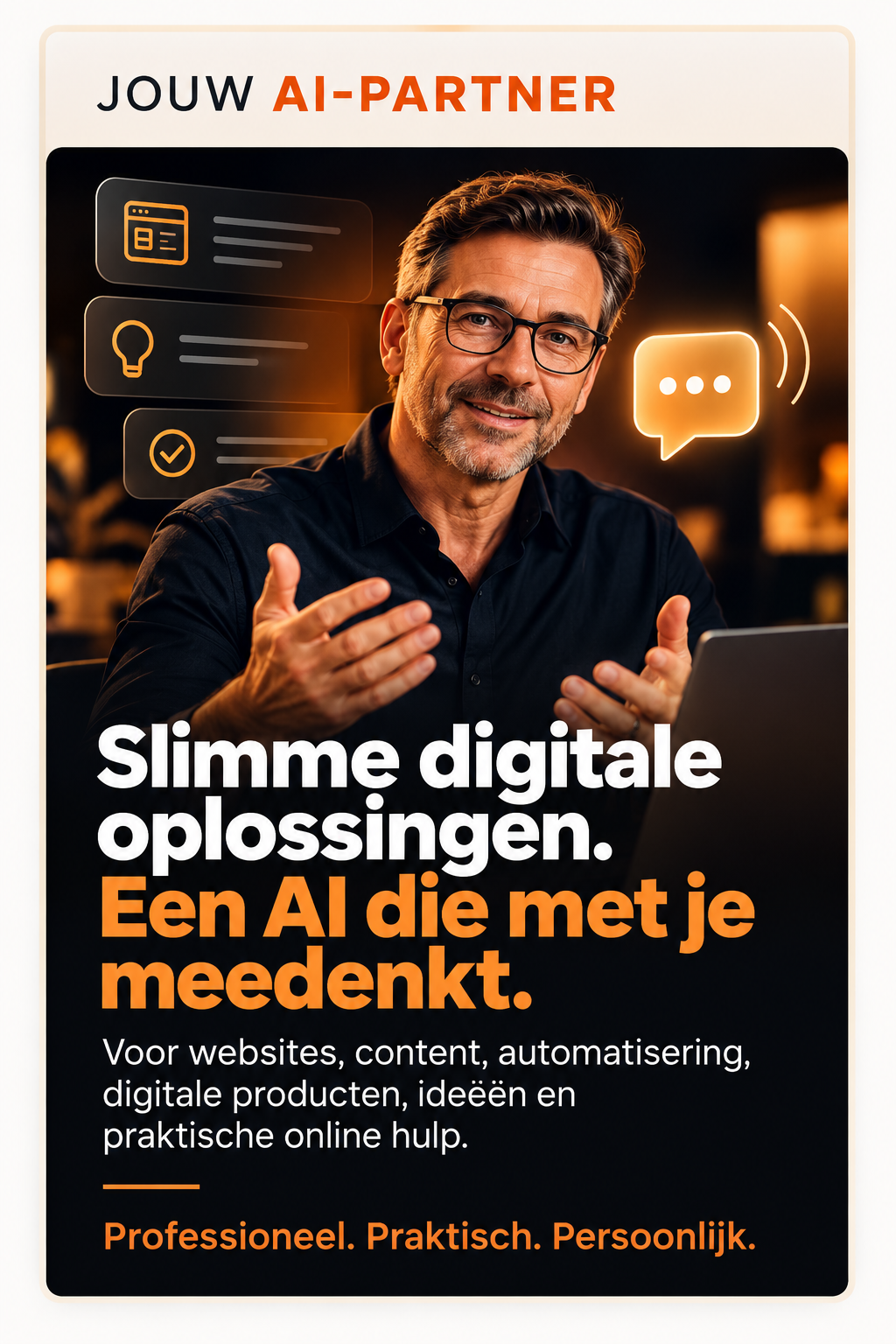 Jouw AI-partner. Slimme digitale oplossingen. Een AI die met je meedenkt. Professioneel. Praktisch. Persoonlijk.